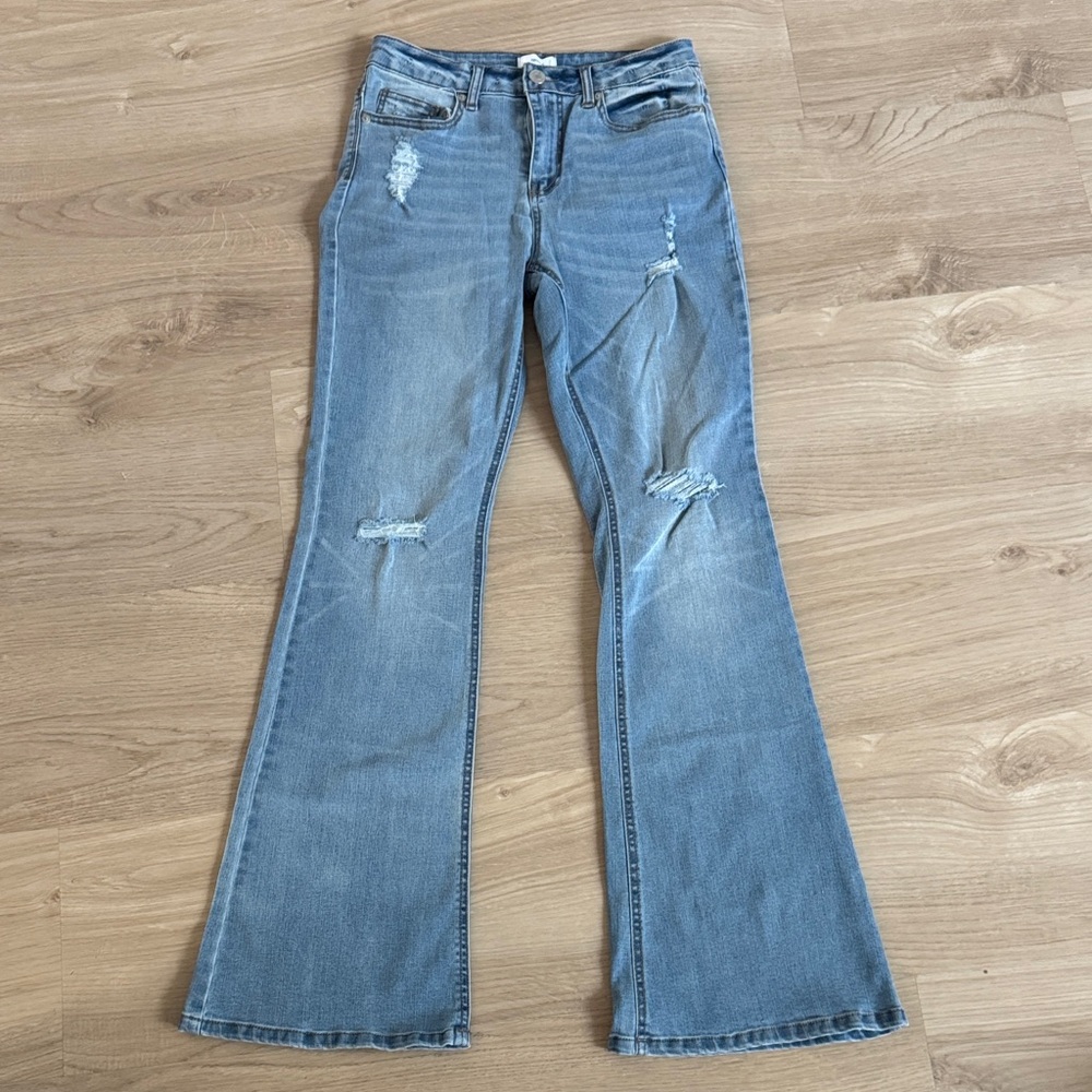 Forever 21 Light Blue Distressed Flare Jeans